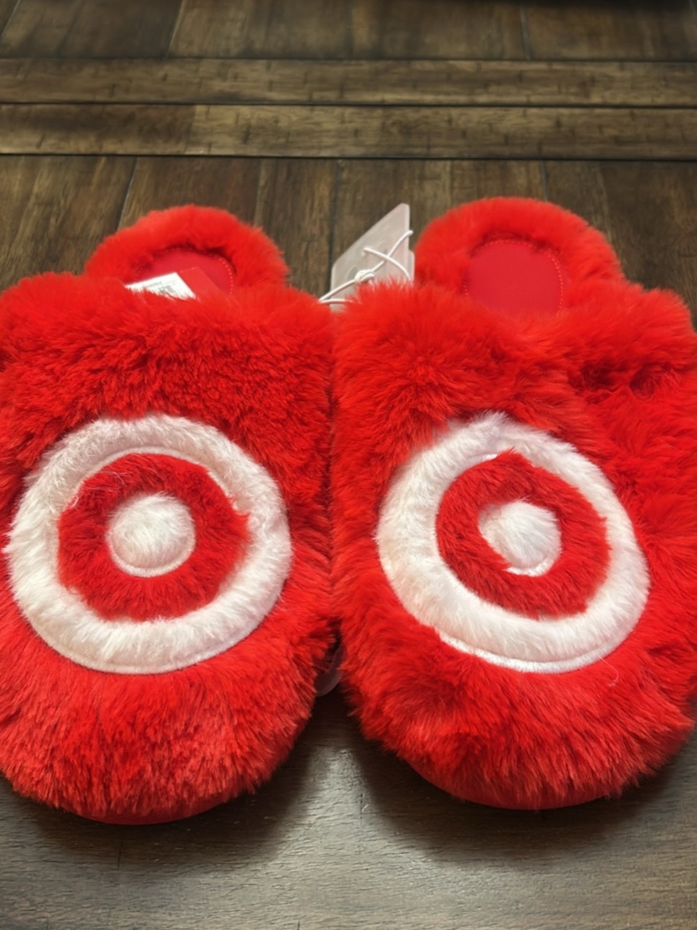 Target Red Fuzzy Slippers with White Bullseye Accent